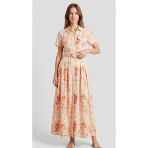 Watercolor Floral Button Front Maxi Dress With Belt in Peach